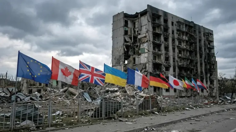 Прапори НАТО на саміті в Анкарі на тлі зруйнованого міста, 2026 рік
