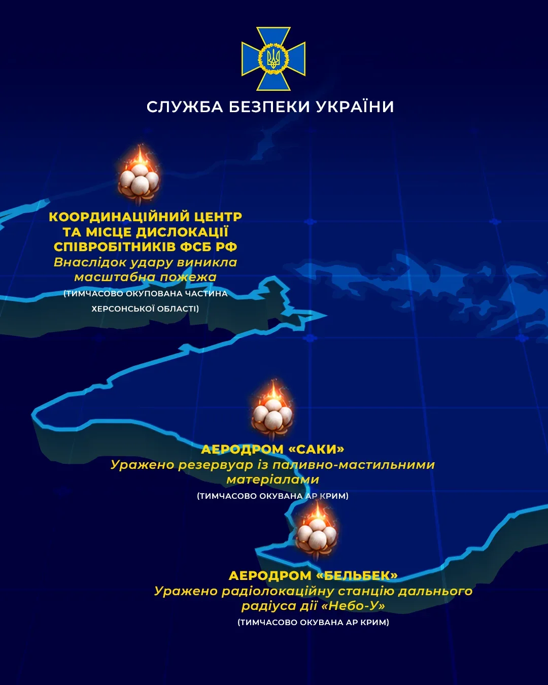 Служба безпеки України атакує військові об'єкти, паливно-енергетичну інфраструктуру та місця дислокації ФСБ РФ. 1