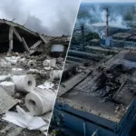 Зруйнований склад з рулонами паперу на передньому плані та військово-промисловий комплекс під ударом на горизонті - символічний контраст цілей у війні