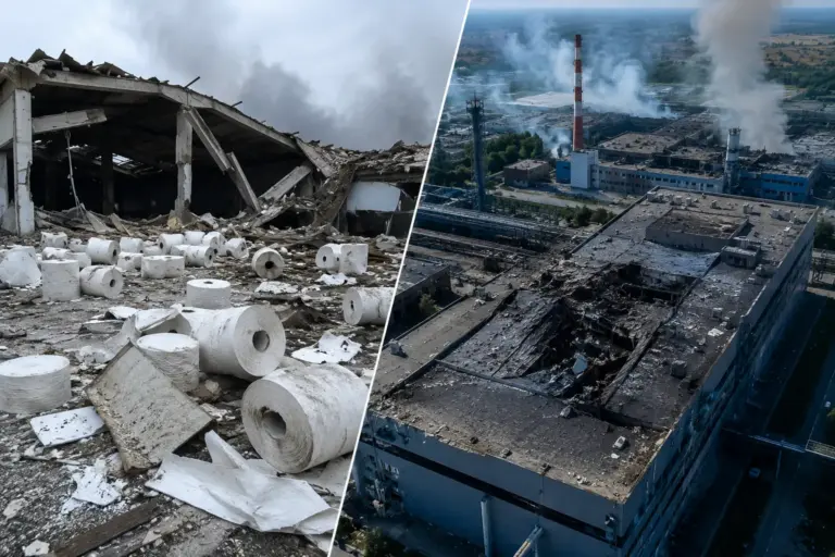 Зруйнований склад з рулонами паперу на передньому плані та військово-промисловий комплекс під ударом на горизонті - символічний контраст цілей у війні
