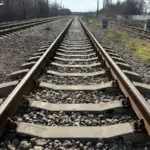 Залізничні колії та поїзд, що рухається по них, на тлі зруйнованого міста в Херсоні