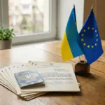 Прапори України та Європейського Союзу поруч із документами про тимчасовий захист