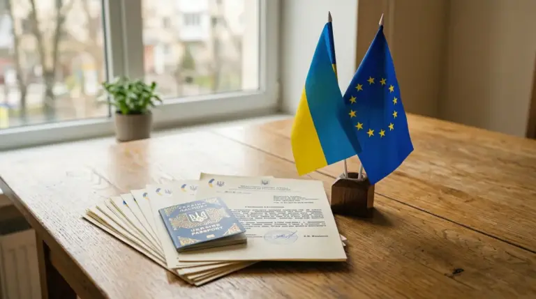 Прапори України та Європейського Союзу поруч із документами про тимчасовий захист