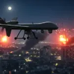 Російський безпілотник летить над містом Херсон, вночі, з вибухами на задньому плані