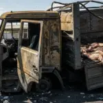 Спалена вантажівка з гнилим м'ясом, яка стоїть на Дніпровському ринку в Херсоні, створюючи санітарні проблеми