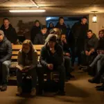 Люди перебувають у громадському укритті в Херсоні, дотримуючись правил безпеки та комфорту під час повітряної тривоги.